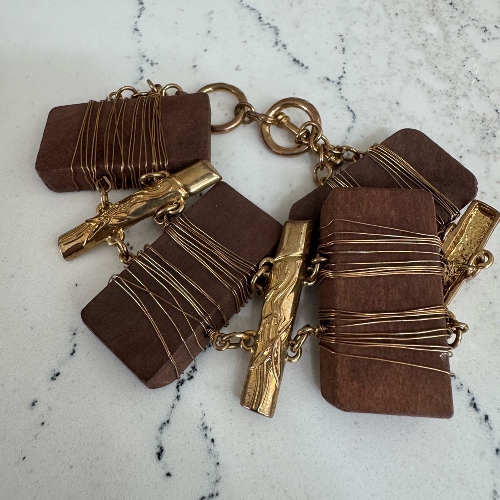 Handmade Brown Wood and Gold Wrapped Bracelet